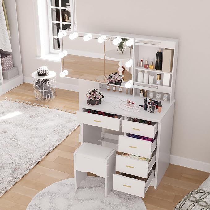 Vanity Desk with Mirror and Lights, Modern Makeup Vanity with Sliding Mirror and 10 LED Light Bulbs, Makeup Vanity Set with 5 Drawers, Hidden and Open Storage Shelves, Vanity Table for Bedroom, White