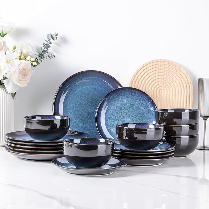 LERATIO Ceramic Dinnerware Sets for 4,Stoneware Coupe Plates and Bowls Sets,Highly Chip and Crack Resistant | Dishwasher & Microwave & Oven Safe Dishes set,Reactive Glaze Dinnerware- Service for 4
