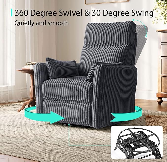 LINSY 360 Swivel Recliner Chair: Corduroy Rocking Chair Nursery Glider Chairs with 2 Pillows Comfy High Back Adult Recliner for Small Spaces, Living Room Bedroom Nursery Reclining Chairs, Dark Grey