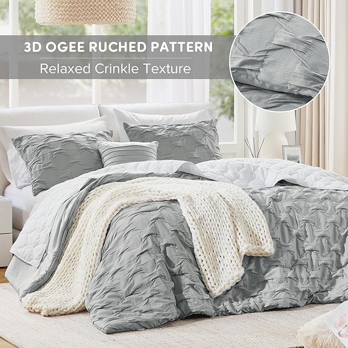 Comfort Spaces Comforter for Queen Size Bed, Ogee Ruched with Crinkle Texture, Breathable Comforter Set Queen, All Season Lightweight Bedding Set, Shams, Décor Pilow, Full/Queen Gray 4 Piece