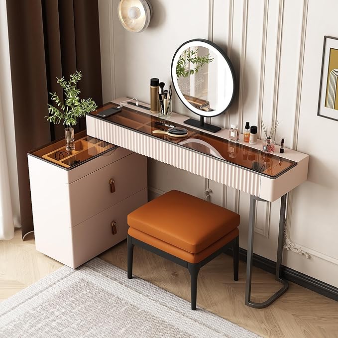 Lartis Makeup Vanity、extendable Dresser Set、Dressing Table,Super Storage、LED Lighted Vanity Mirror with ash All Solid Wood upholstered Makeup Stool