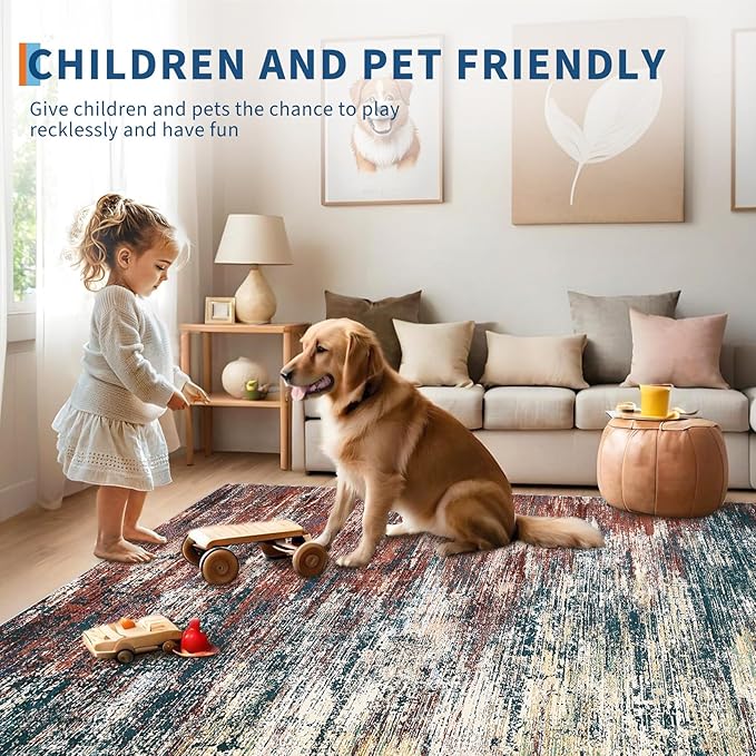 Modern Abstract Area Rug 4x6 Washable Rug for Living Room, Ultra Soft Rug for Bedroom, Non Slip Indoor Floor Carpet, Stain Resistant Rugs for Home Decor Office, Red Multi