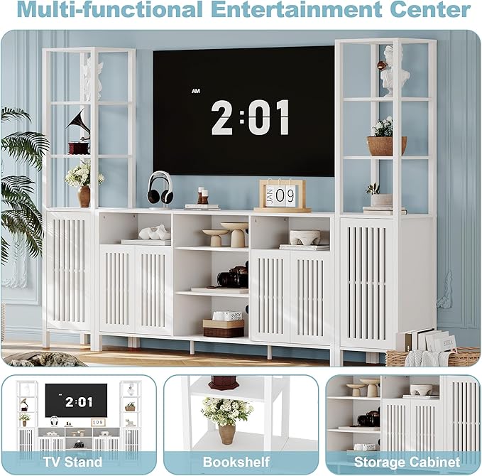 Entertainment Center with Bookshelves, Farmhouse TV Stand for 70 Inch TVs, TV Stands for Living Room w/Adjustable Shelves & Storage Cabinet, Modern Console Cabinet for Bedroom Home Theater