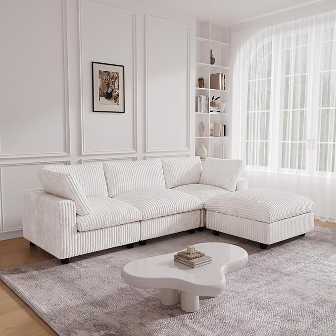 JACH 118" L Shape Sectional Couch, Convertable Modular Couches with Chaise Ottoman, Modern Deep Seat Sofas, Sofa Covers Washable, Minimalist Plush Couch for Living Room, Apartment, Beige