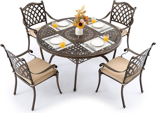 5 Piece Outdoor Dining Set Cast Aluminum, Retro Patio Dining Furniture Set for 4 Includes 54’’ Round Table 4 Chairs with Thicker Cushion and Umbrella Hole for Patio Deck Garden
