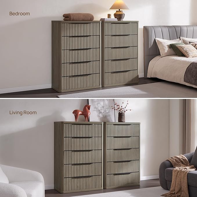 SICOTAS Dresser for Bedroom - Tall Dressers & Chests of Drawers with 5 Drawers Large Modern Dresser for Closet Fluted Wide TV Stand Clothes Closet Storage for Bedroom Hallway Entryway, Grey Alder