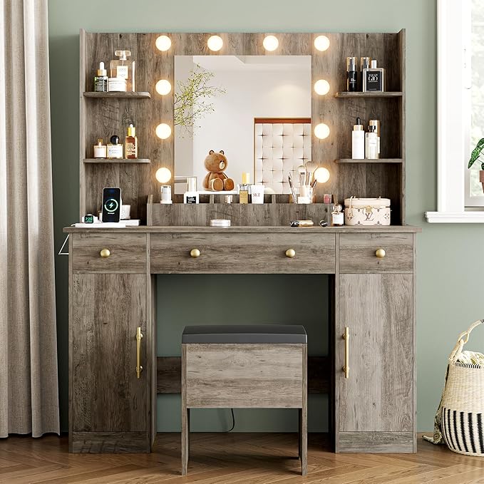 Vanity Desk with Mirror and Lights, 43'' Grey Makeup Dressing Table Set with 5 Drawers & Chair, Power Outlet, 3 Lighting Modes Adjustable Brightness & RGB LED for Women Girls Bedroom Bathroom