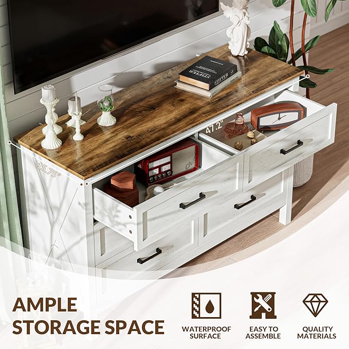 LYNSOM Farmhouse 6 Drawers Dresser for Bedroom, Wood Rustic Wide Chest of Drawers with Deep Drawers, Metal Handle, Storage Dressers Organizer for Entryway, Hallway, Antique White