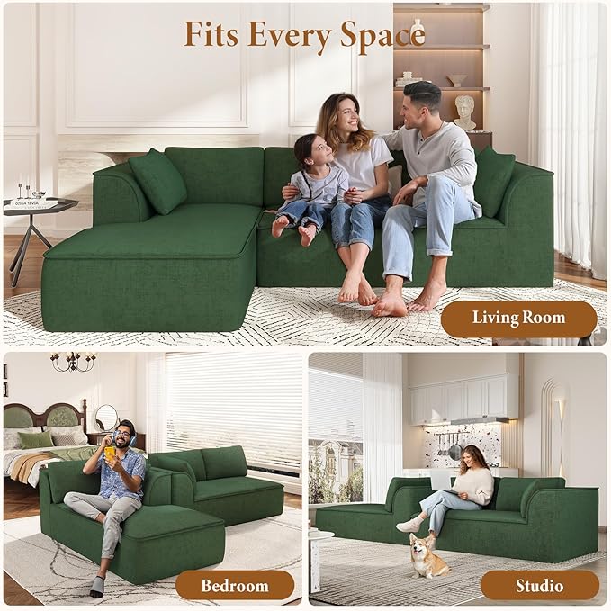 Vesgantti 106" Cloud Couch Sectional Modular Sofa, Deep Seat Comfy Cloud Couch Chenille Memory Foam Sofa Modular Couches for Living Room Bedroom, No Assembly Required (Green, Left-Facing Chaise)