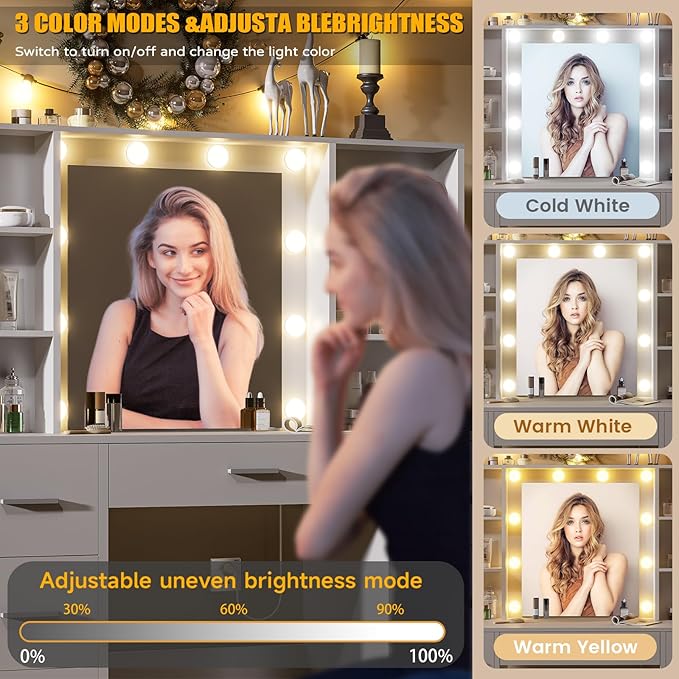 Makeup Vanity Desk with Mirror,10 Lights and Power Strip,Large Makeup Vanity with Shelves and 7 Drawers, Vanity Desk Dressing Table with 3 Color Adjustable Light,Vanity Table (White)