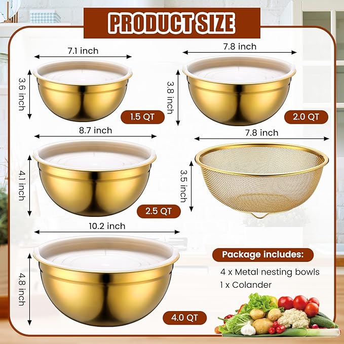 Gold Mixing Bowls with Airtight Lids Stainless Steel Mixing Bowl Set of 5, 4 Metal Nesting Organizers 4 in 1 Colander Non-slip Bottom Size 1.5, 2.0, 2.5, 4.0 Qt for Baking Serving Food