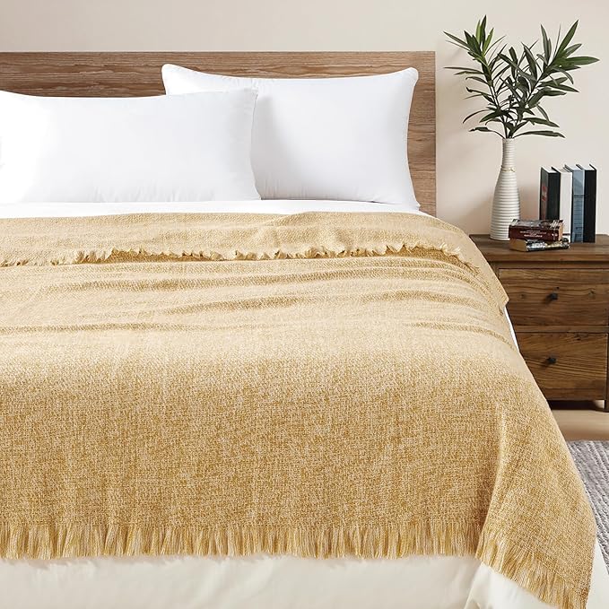 BOURINA Faux Cashmere Fringe Throw Blanket Decorative Lightweight Throw Soft Cozy for Bed or Sofa Outdoor Blanket, 50" x 70" Yellow
