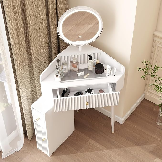 ARTETHYS Corner Vanity Desk with Retractable and Rotating Mirror and Lights Small Modern White Makeup Vanity Set with Glass Top for Women Compact Girls Dressing Table with Drawer for Small Space
