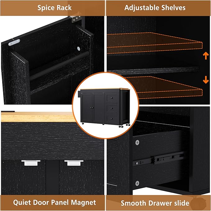 Rolling Kitchen Island on Wheels with Extendable Dining Table, Kitchen Storage Cart with 3 Drawers and Spice Rack, Black