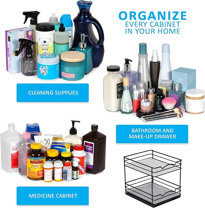 Pull Out Cabinet Organizer for Spices, Cans - Heavy Duty with Lifetime Limited Warranty- Pull Out Spice Rack- Cabinet Pull Out Shelf for Cans,Dishes, Etc, 20-3/8"Wx 10-1/2"D x 2-3/4” H, Black