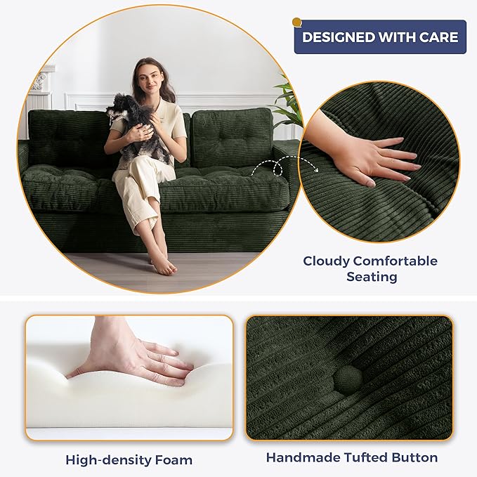 MAXYOYO 3 Seater Couch for Living Room, Boneless Couch with Tufted Cushion & Backrest, Upholstered Floor Sofa with Armrests, Sofa in A Box, No Assembly Required, Green
