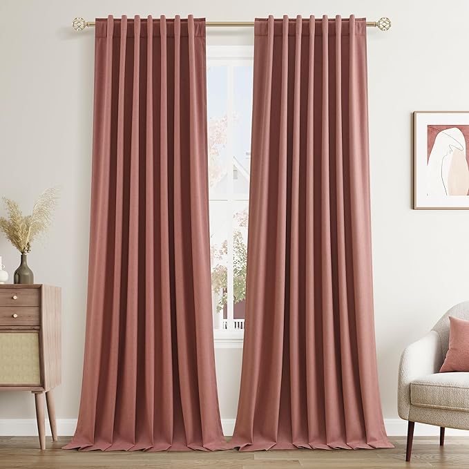 Guken Blackout Curtains 120 Inch Length 2 Panels Set for Living Room Bedroom Back Tab Thermal Insulated 100% Black Out Linen Drapes Room Darkening Window Curtains 120 Inches Long,Dusty Rose