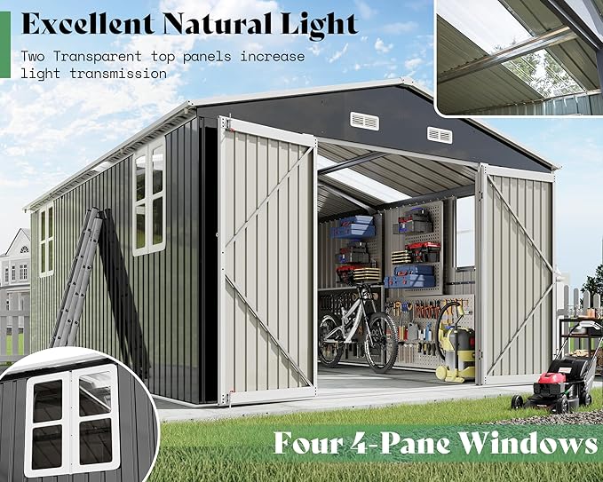 AMERLIFE 10x16x7.2 FT Metal Storage Shed with 2 Transparent Panels, Outdoor Tool Shed with Hinged Double Doors, Windows & Vents, Reinforced Steel Frame for Backyard Garden, DIY Workshop, Dark Gray