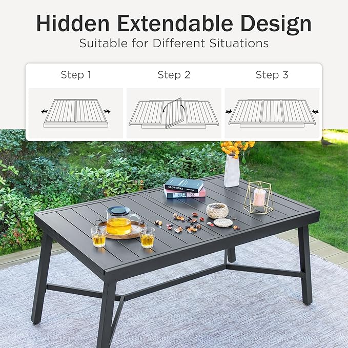 PHI VILLA Heavy Duty 9-Piece Patio Dining Sets, Expandable Outdoor Table and Chairs Set for 8, 8 Extra Large Dining Chairs, Rectangular Metal Dining Table for Deck, Backyard and Garden