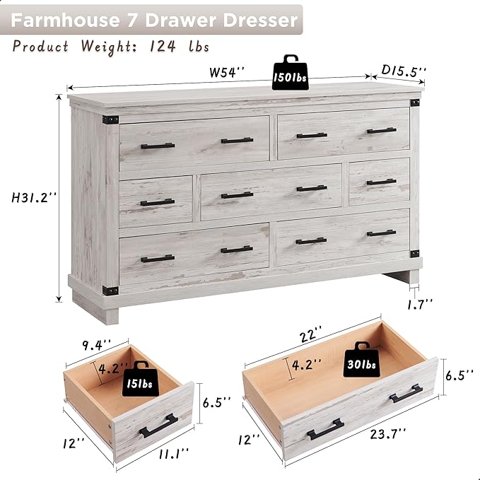 T4TREAM Farmhouse 7 Drawers Dresser for Bedroom, 54" Wide Wood Chest of Drawers w/Natural Texture & Metal Handle, Rustic Storage Dressers Organizer for Living Room, Hallway, Antique Brush White