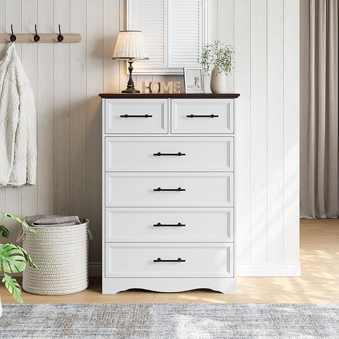 Farmhouse 6 Drawer Dresser, White Wood Chest of Drawers, 44" Tall Bedroom Storage Cabinet with Brushed Metal Handles, Closet Organizer for Bedroom, Living Room, Hallway