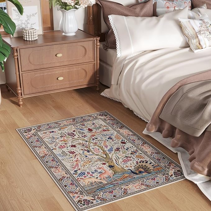 Indoor Door Mat 2x3 Rug Vibrant Tree of Life-Patterned Vintage Machine Washable Small Area Rug Non-Slip Low Pile Throw Rugs for Entryway Kitchen Front Door Entrance Entry Kids Room, Beige