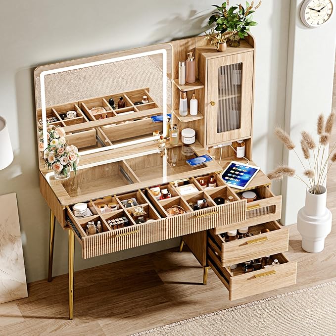 Vanity Desk with 29.53" HD Lighted Mirror, 47.24" Big Modern Vanity Desk with Mirror and Lights, Makeup Vanity with 5 Drawers and Storage Shelves and Charging Station, Oak