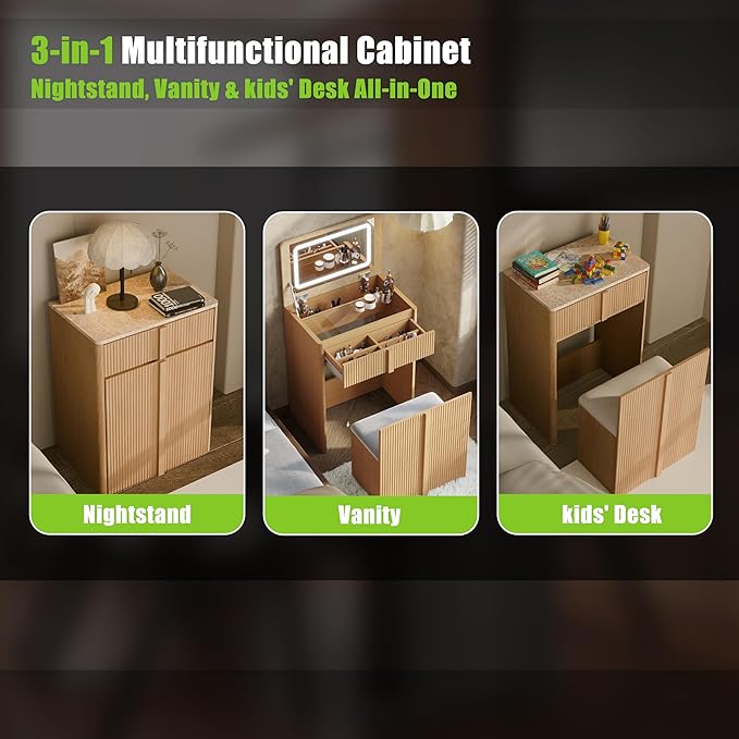 Compact Makeup Vanity Desk with Flip Top Mirror,3 in 1 Vanity Desk with Mirror and Lights,Hidden Storage Chair,Oak Makeup Vanity Table with Space-Saving for Small Bedrooms & Apartments,Light Oak