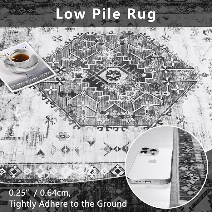 5x7 Area Rugs for Living Room, Non Slip Vintage Floral Rug for Bedroom Dining Room, Low Pile Indoor Carpet for Nursery, Kitchen, Office Home Decor, Grey