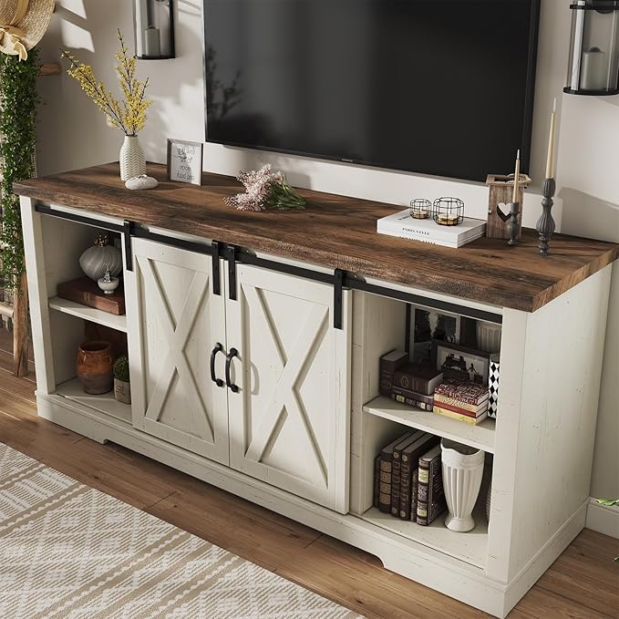 AMERLIFE Fireplace TV Stand with Sliding Barn Door for TVs up to 73", Farmhouse 63" Fireplace Entertainment Center with Storage Cabinets/Adjustable Shelves, Distressed White & Barnwood