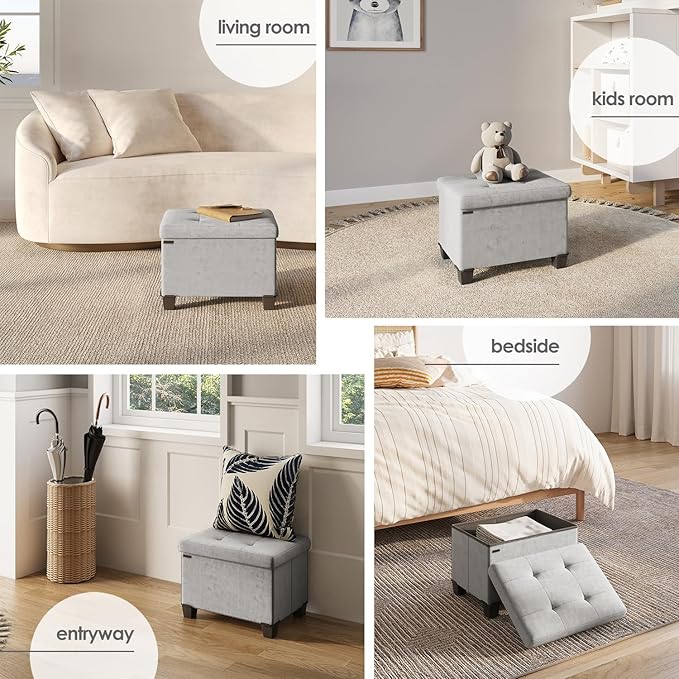 STORAGEBUD Storage Ottoman Cube with Small Bin, 16-in Square Ottoman with Storage for Living Room and Bedroom, Small Ottomans Foot Rest, Velvet Foot Stools Ottomans Max 330lbs, Light Grey