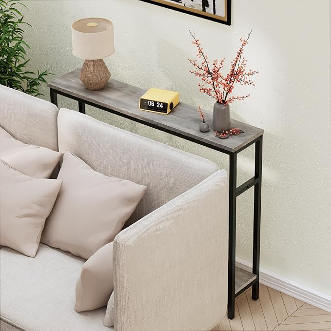Narrow Console Table, 39.4” Sofa Table with Adjustable Shelf, 2-Tier Long Skinny Table for Hallway, Entryway, Living Room, Foyer, Grey