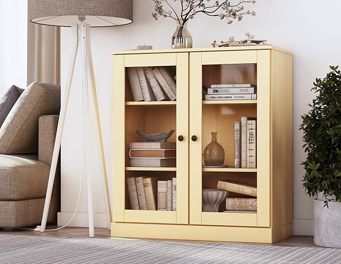 Palace Imports Solid Wood Bookcase - Floor Standing Bookshelf - 32” W - Display Furniture, Renewable 100% Eco-Friendly Wood, Made in Brazil (Yellow, Clear Glass Doors | 3-Shelf Short Bookcase)