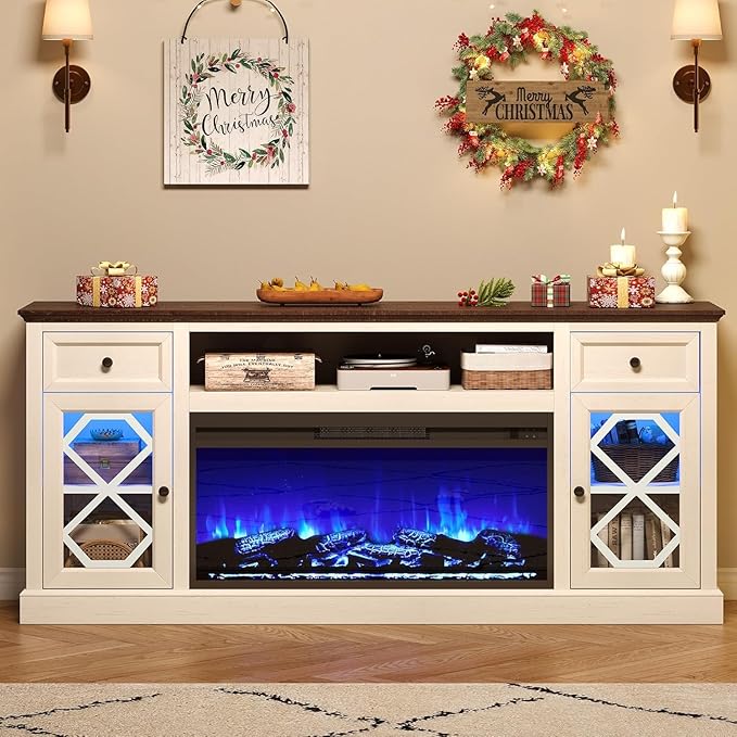 70" Farmhouse Heavy Fireplace TV Stand with 37" Electric Fireplace, TV Console Cabinet with Diamond Door for Living Room, Large LED Entertainment Center with Storage for 80" TVs, White
