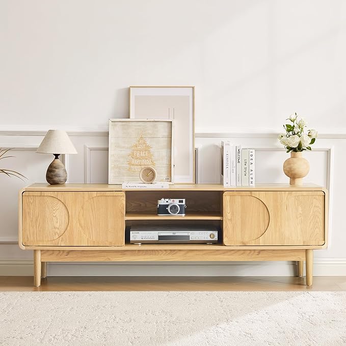 59" Farmhouse TV Stand for Television 55/60/65 Inch, Wooden TV Console with Adjustable Storage Shelf and Arch Sliding Door, Entertainment Center Media Cabinet for Living Room, Bedroom (Natural)