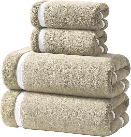 REDKISS 4-Piece Bath Towels Set - 2 Handtowels, 2 Bath Towel | Super Absorbent, No Lint & No Fading,Ultra-Fiber Coral Fleece | Perfect for Bathroom, Spa, Gym | Family & Adults-Light Brown