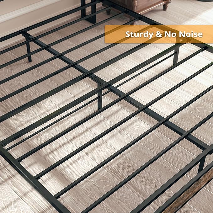 LIKIMIO Full Size Bed Frame, Storage Headboard with Charging Station, Solid and Stable, Noise Free, No Box Spring Needed, Easy Assembly (Walnut and Beige)