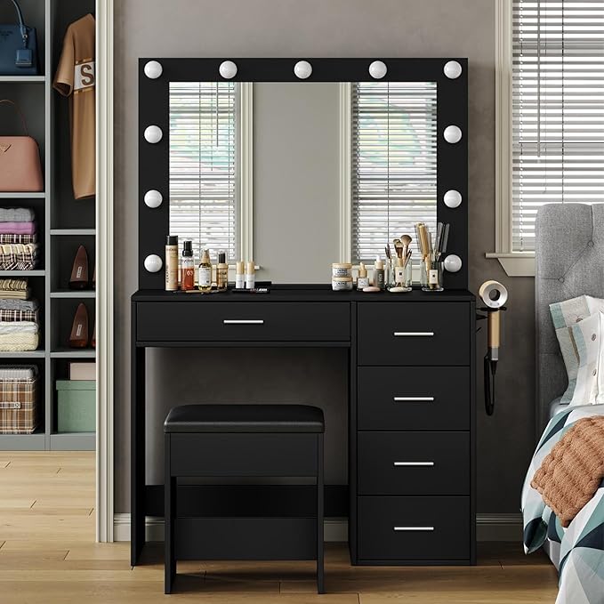 Vanity Desk with Power Outlet, 37''W Make Up Vanity with Lighting Mirror, 3 Lighting Modes Adjustable, 5 Drawers Dressing Table for Bedroom, Dressing Room, Live Broadcast Room, Black