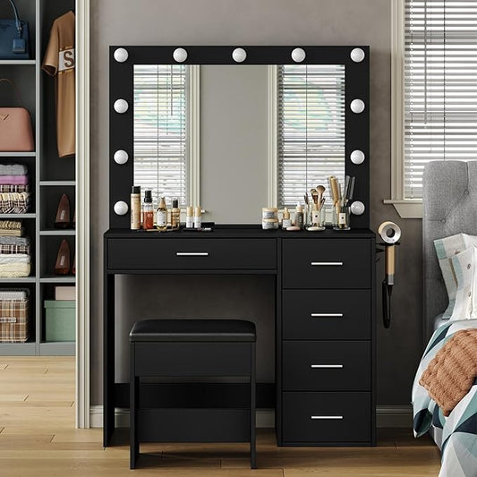 Vanity Desk with Power Outlet, 37''W Make Up Vanity with Lighting Mirror, 3 Lighting Modes Adjustable, 5 Drawers Dressing Table for Bedroom, Dressing Room, Live Broadcast Room, Black