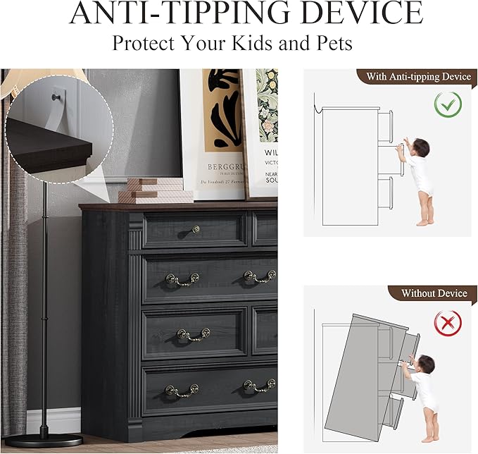 Yaamizz Farmhouse Dresser for Bedroom, 60" Wide 10 Drawer Dressers Storage with Wood Pilasters & Metal Handles, Vintage Design, Drawer Organizer for Bedroom, Hallway, Black