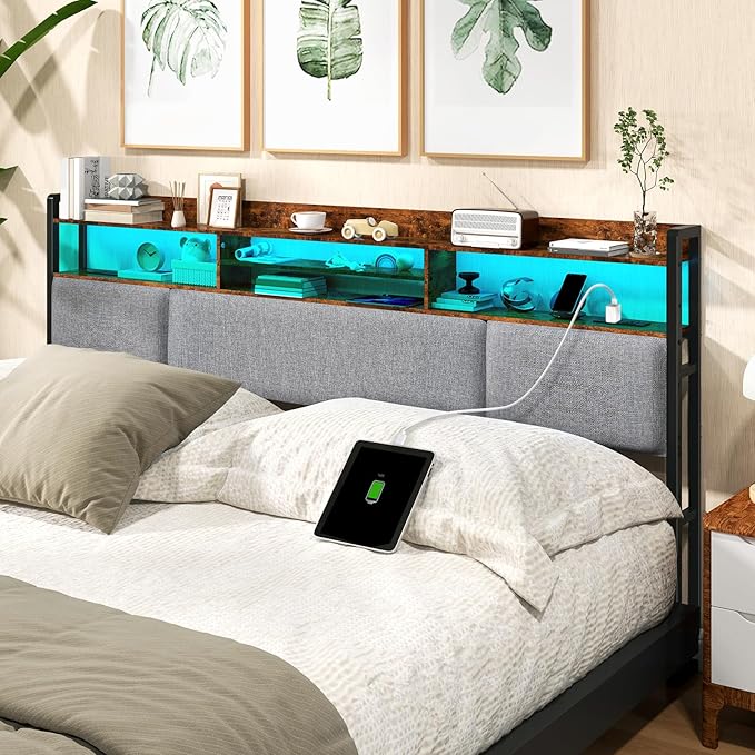 King Size Upholstered Headboard with 2 Outlets and LED Lights, King Bed Headboard with Charging Station & Storage Shelves, King Headboard Only, Height Adjustable, Easy Assembly, Brown