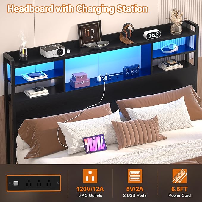 Aheaplus Headboard for Full Size Bed with Storage, Headboards with LED Light, Power Outlets, USB Ports Full Size Head Board, Wood headboard Only Sturdy and Stable Headboards, Modern, Black
