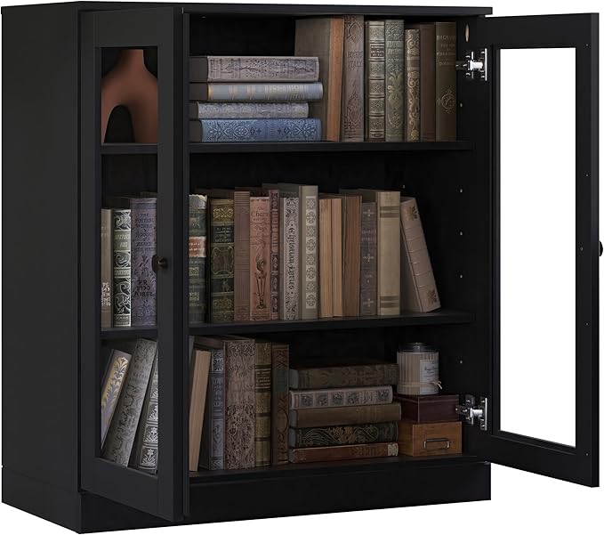 Palace Imports Solid Wood Bookcase - Floor Standing Bookshelf - 32” W - Display Furniture, Renewable 100% Eco-Friendly Wood, Made in Brazil (Black, Clear Glass Doors | 3-Shelf Short Bookcase)