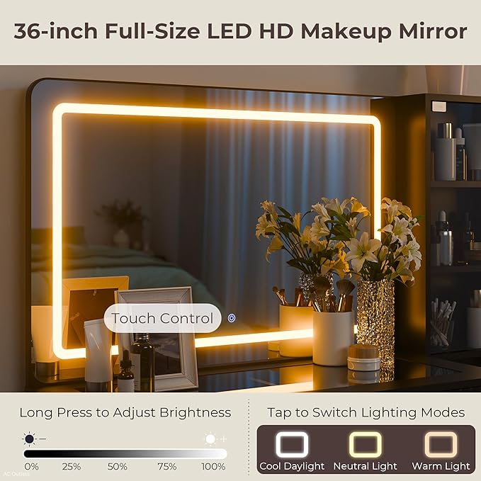 RECCI Fluted Vanity Desk with 36" Mirror and Lights, Makeup Vanity Desk with Glass Top, Dressing Table with 5 Drawers & Shelves, Wood Vanity Table for Bedroom(Black)