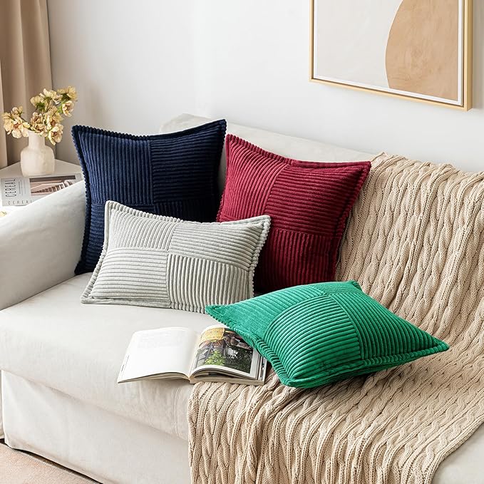 MIULEE Christmas Decorative Throw Pillow Covers for Couch Bed Livingroom 18x18 Inch Set of 2 Emerald Green Boho Accent Throw Pllows Broadside Striped Patchwork Soft Corduroy Pillowcases