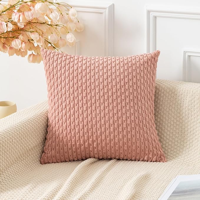 Kevin Textile Throw Pillow Covers Soft Corduroy Decorative Set of 2 Boho Striped Pillow Covers Valentines Day Pillowcases Farmhouse Home Decor for Couch Bed Sofa Living Room 24x24 Inch Baby Pink