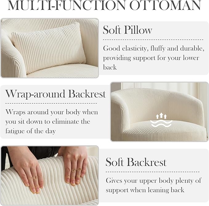 Aoiy & Wifon 34.25" W Swivel Barrel Chair Set of 2, Upholstered Round Small Accent Chair, Single Comfy Barrel Chair for Living Room, Corduroy, Ivory