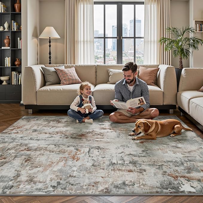 tchdio Area Rug 9x12 Rugs for Living Room- Abstract Soft Living Room Rug-Non Slip Carpet- Washable Rug for Bedroom Dining Room Home Office Modern Rugs Light Grey/Brown/Red