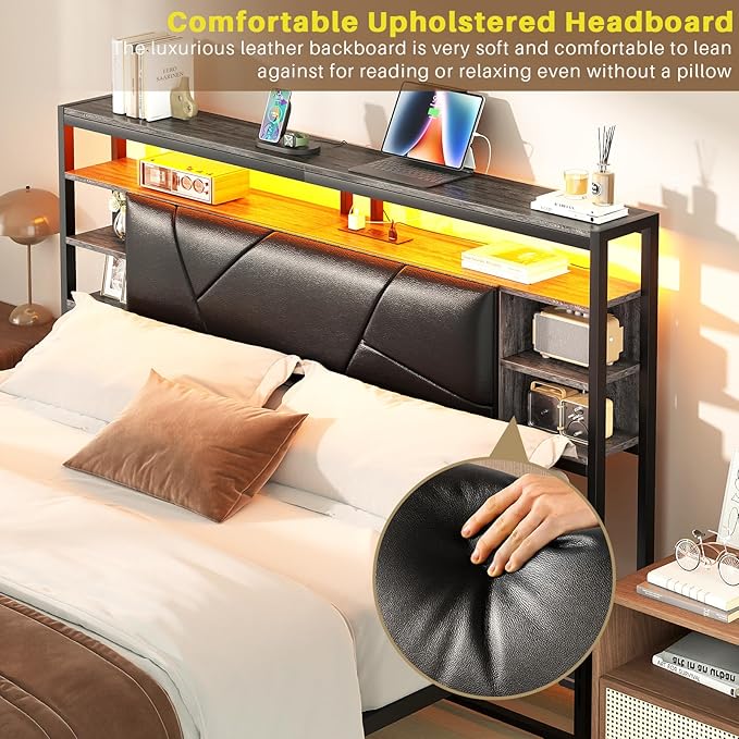 Upholstered Queen Size Headboard with Charging Station and Smart RGB LED Light, Queen Bed Head Board with Storage Shelf, Sturdy and Solid Headboards for Bedroom, Guest Room, Dorm, Black Oak