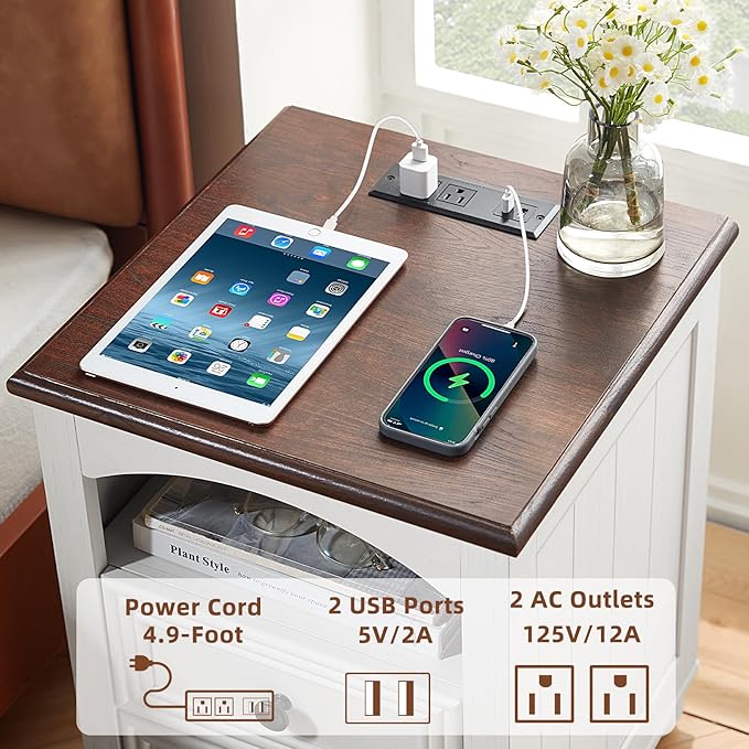 18" Farmhouse Night Stand Set 2 with Charger Station, White 2 & 3 Drawers Wood Nightstand, Bedside End Table with Storage and Roman Column, Bed Side Tables Cabinet for Bedroom, Living Room, and Closet